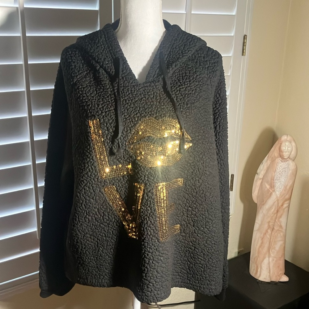 ❄️🖤Mentally Exhausted Polyester Black Fleece Hoodie W/LOVE Gold Sequins Size 2X